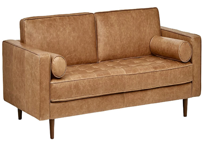 Mid-Century Modern Tufted Leather Loveseat Sofa