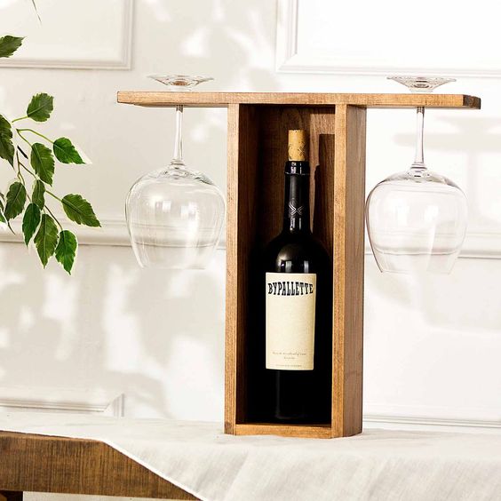 Wooden Wine Bottle and Glass Holder